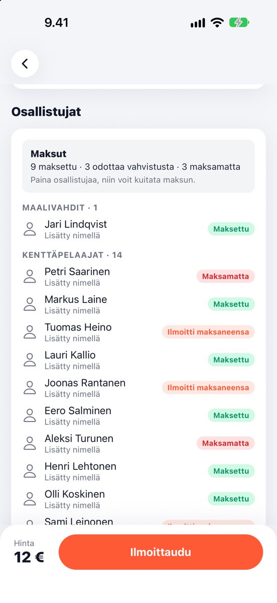Osallistujat ja maksujen tila